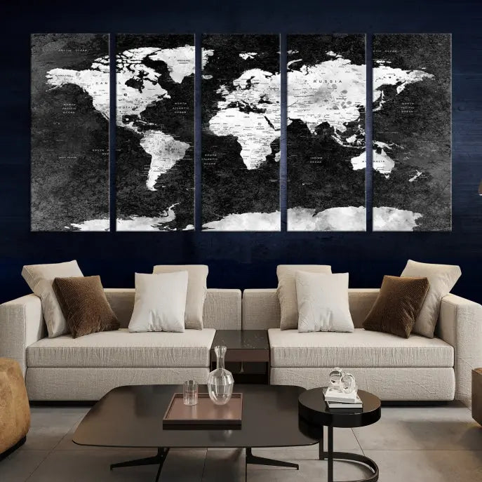 The Push Pin World Map with Antarctica Canvas Wall Art Print, featuring a UV-protective coating, hangs prominently in the room.