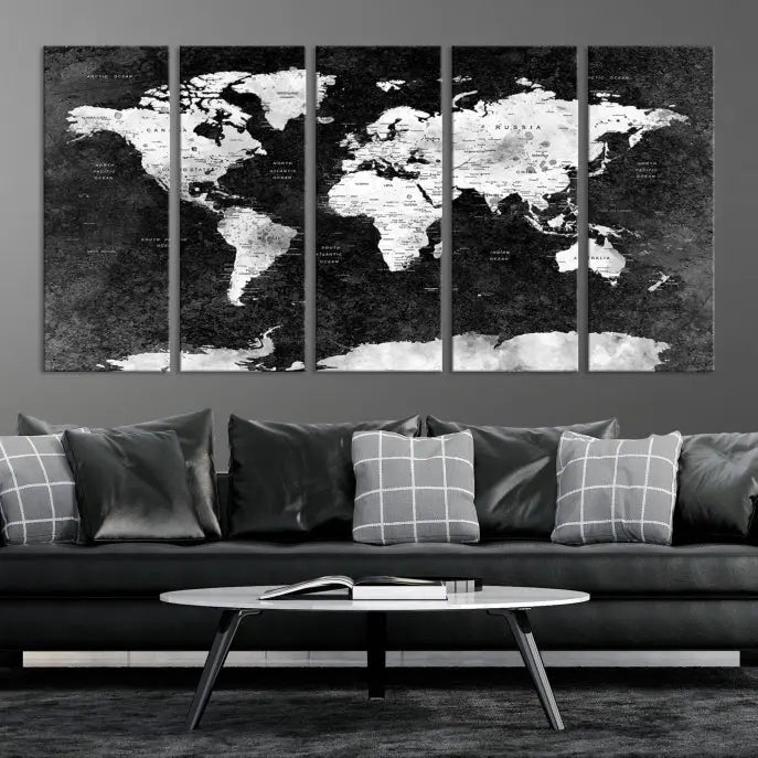 The Push Pin World Map with Antarctica Canvas Wall Art Print, featuring a UV-protective coating, hangs prominently in the room.