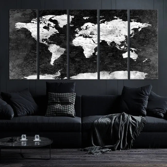 The Push Pin World Map with Antarctica Canvas Wall Art Print, featuring a UV-protective coating, hangs prominently in the room.