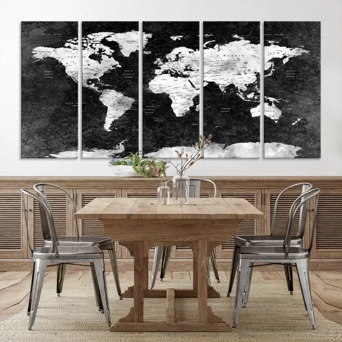 The Push Pin World Map with Antarctica Canvas Wall Art Print, featuring a UV-protective coating, hangs prominently in the room.