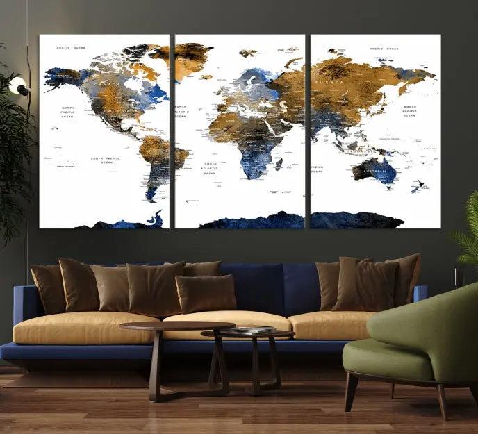 The elegant Push Pin Watercolor World Map with Antarctica, complete with a gallery wrap and UV-protective coating, gracefully hangs in the chic living room.