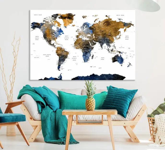 The elegant Push Pin Watercolor World Map with Antarctica, complete with a gallery wrap and UV-protective coating, gracefully hangs in the chic living room.