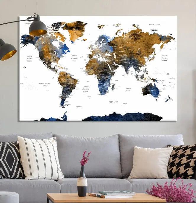 The elegant Push Pin Watercolor World Map with Antarctica, complete with a gallery wrap and UV-protective coating, gracefully hangs in the chic living room.