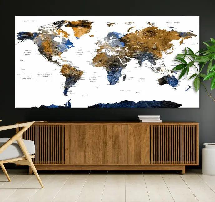 The elegant Push Pin Watercolor World Map with Antarctica, complete with a gallery wrap and UV-protective coating, gracefully hangs in the chic living room.