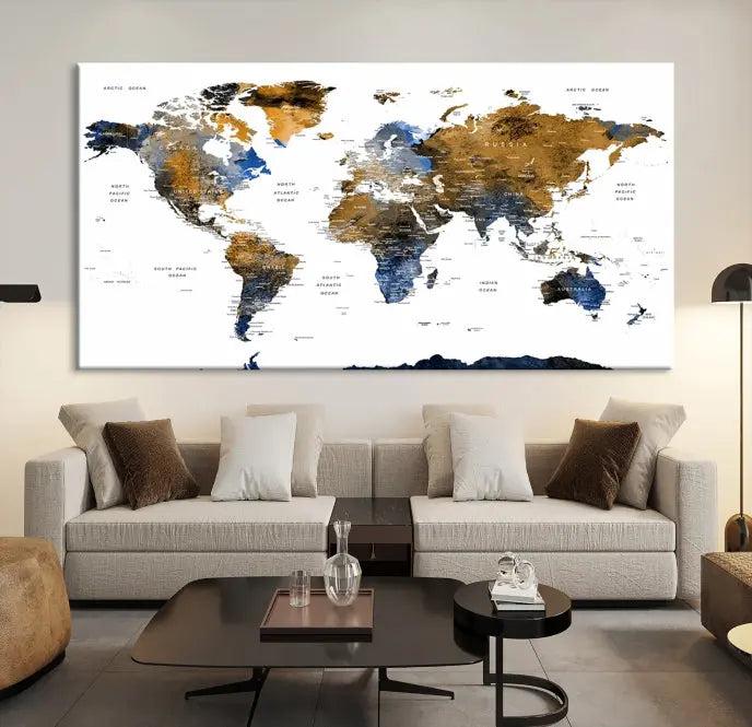 The elegant Push Pin Watercolor World Map with Antarctica, complete with a gallery wrap and UV-protective coating, gracefully hangs in the chic living room.