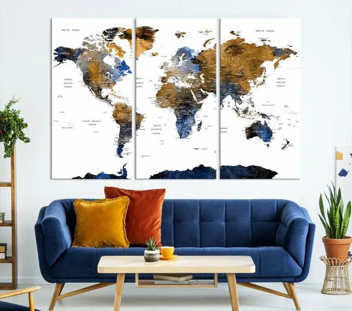 The elegant Push Pin Watercolor World Map with Antarctica, complete with a gallery wrap and UV-protective coating, gracefully hangs in the chic living room.