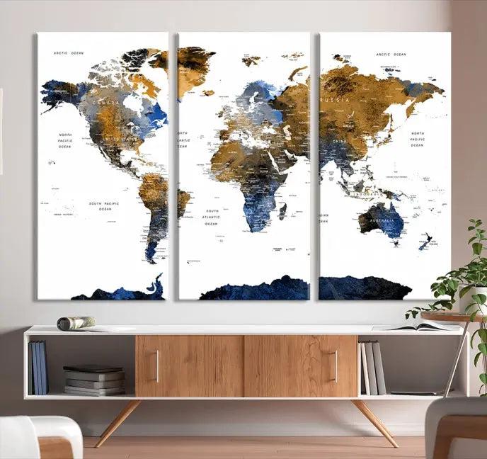 The elegant Push Pin Watercolor World Map with Antarctica, complete with a gallery wrap and UV-protective coating, gracefully hangs in the chic living room.