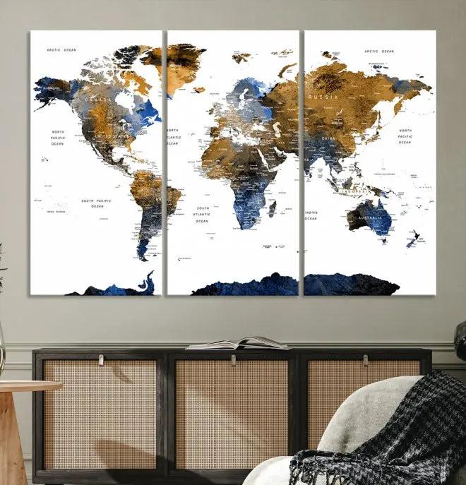 Push Pin Watercolor World Map w/ Antarctica Wall Art 