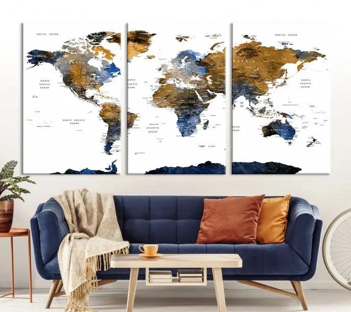 Push Pin Watercolor World Map w/ Antarctica Wall Art 