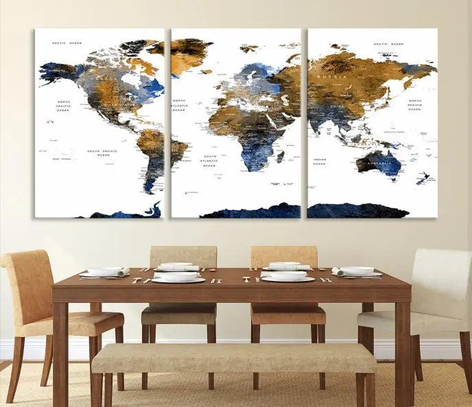 Push Pin Watercolor World Map w/ Antarctica Wall Art 