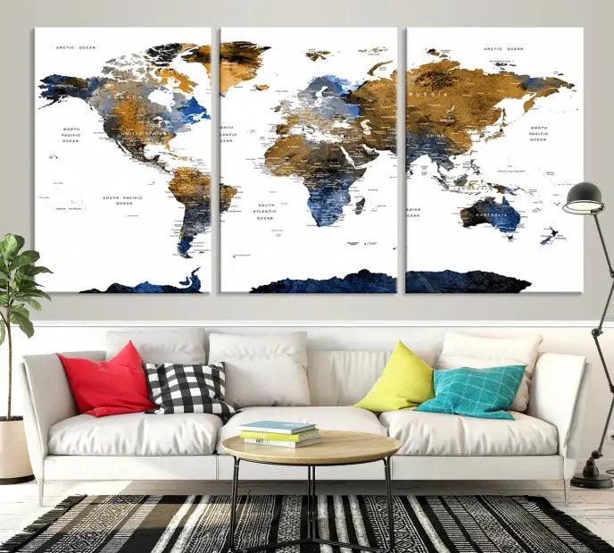 The elegant Push Pin Watercolor World Map with Antarctica, complete with a gallery wrap and UV-protective coating, gracefully hangs in the chic living room.