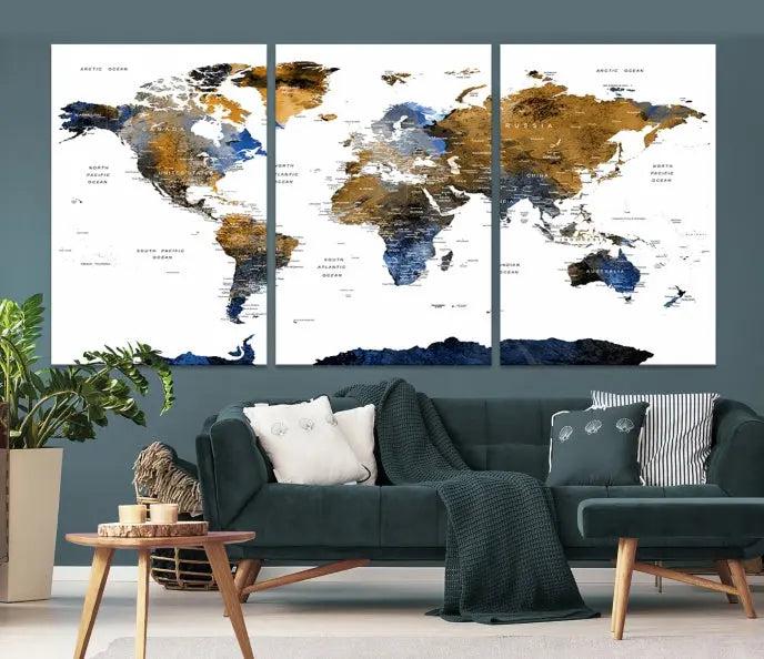 The elegant Push Pin Watercolor World Map with Antarctica, complete with a gallery wrap and UV-protective coating, gracefully hangs in the chic living room.