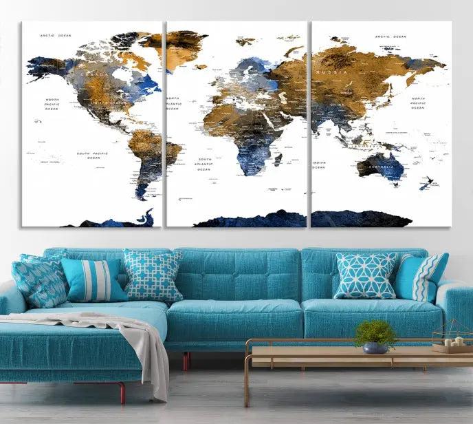 The elegant Push Pin Watercolor World Map with Antarctica, complete with a gallery wrap and UV-protective coating, gracefully hangs in the chic living room.