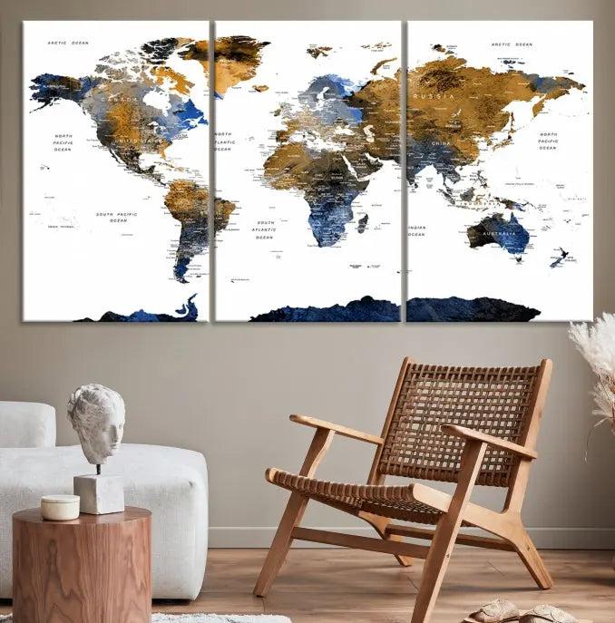 The elegant Push Pin Watercolor World Map with Antarctica, complete with a gallery wrap and UV-protective coating, gracefully hangs in the chic living room.