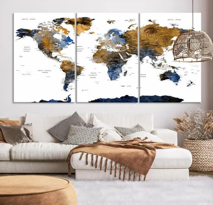 Push Pin Watercolor World Map w/ Antarctica Wall Art 