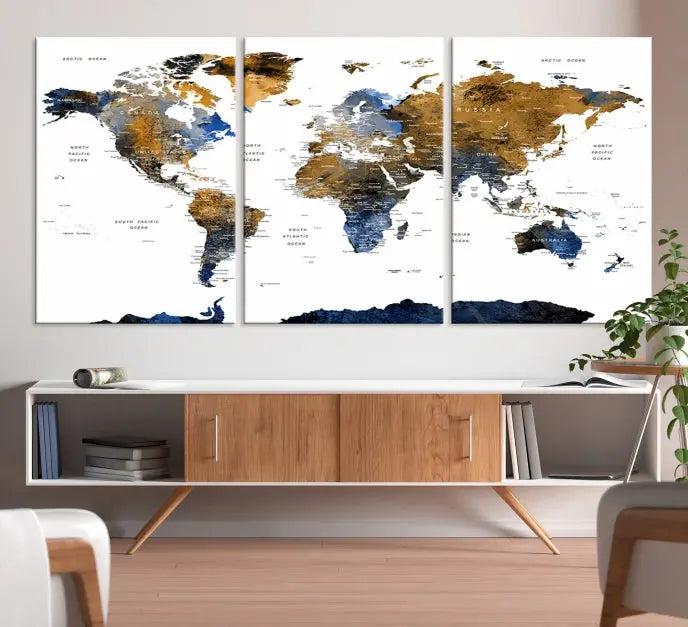 Push Pin Watercolor World Map w/ Antarctica Wall Art 