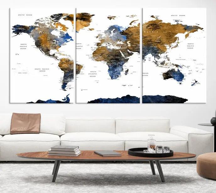 Push Pin Watercolor World Map w/ Antarctica Wall Art 