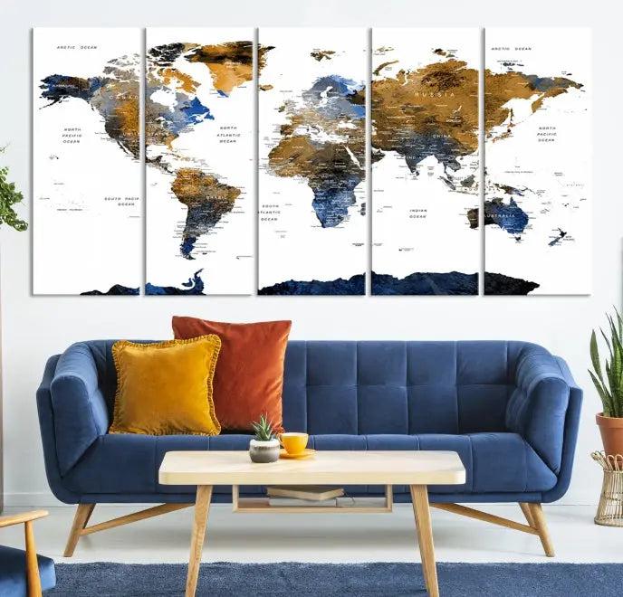 Push Pin Watercolor World Map w/ Antarctica Wall Art 