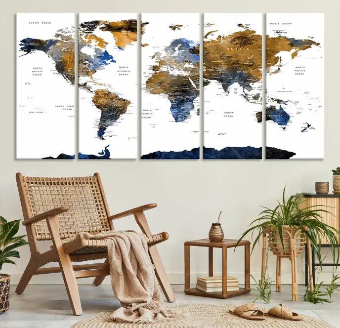 The elegant Push Pin Watercolor World Map with Antarctica, complete with a gallery wrap and UV-protective coating, gracefully hangs in the chic living room.