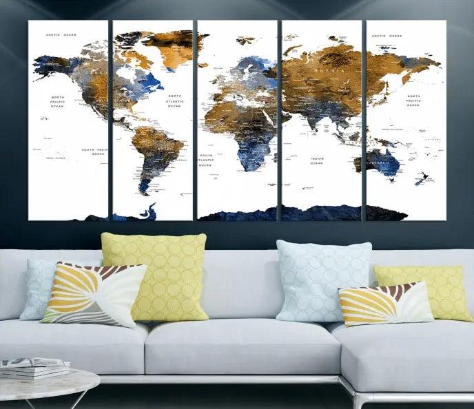 The elegant Push Pin Watercolor World Map with Antarctica, complete with a gallery wrap and UV-protective coating, gracefully hangs in the chic living room.