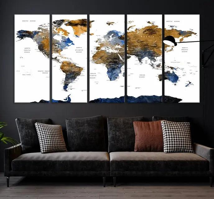 The elegant Push Pin Watercolor World Map with Antarctica, complete with a gallery wrap and UV-protective coating, gracefully hangs in the chic living room.