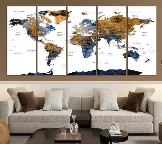 The elegant Push Pin Watercolor World Map with Antarctica, complete with a gallery wrap and UV-protective coating, gracefully hangs in the chic living room.