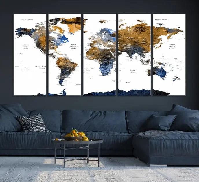 The elegant Push Pin Watercolor World Map with Antarctica, complete with a gallery wrap and UV-protective coating, gracefully hangs in the chic living room.