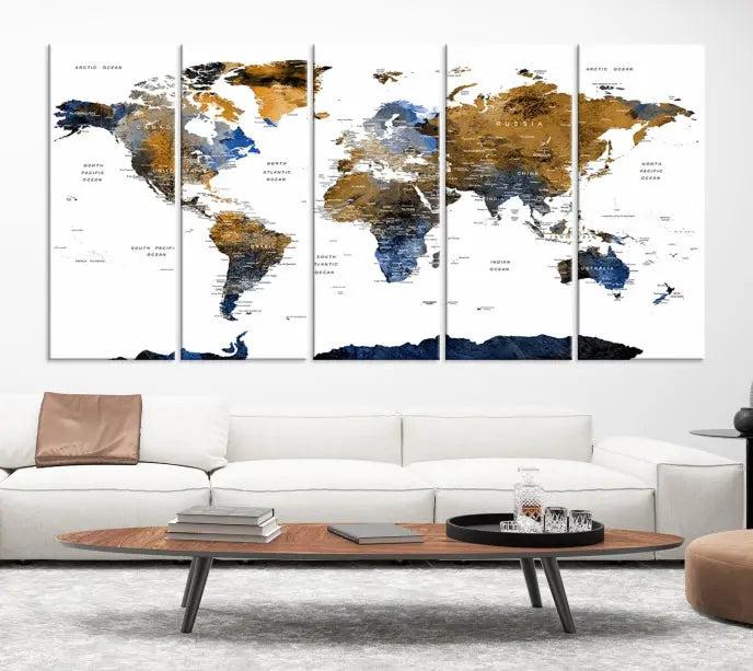 The elegant Push Pin Watercolor World Map with Antarctica, complete with a gallery wrap and UV-protective coating, gracefully hangs in the chic living room.