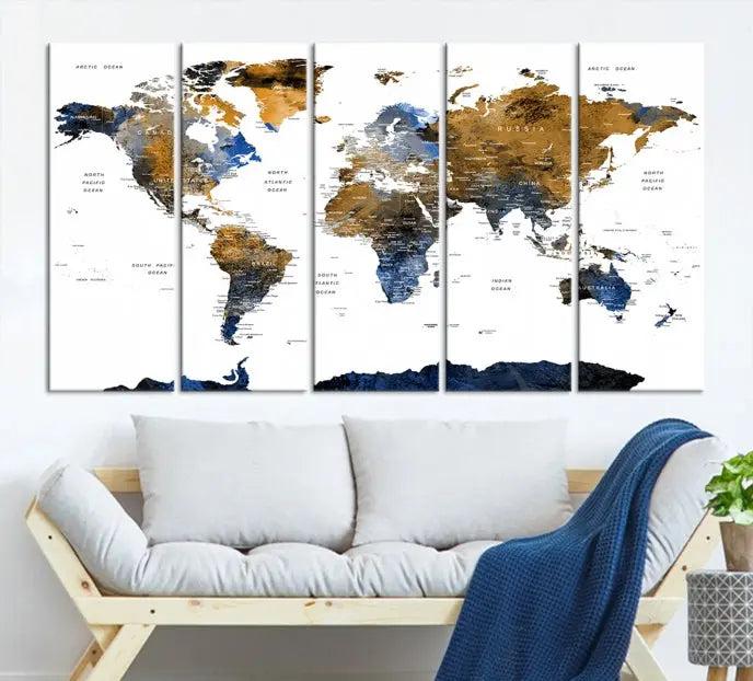 The elegant Push Pin Watercolor World Map with Antarctica, complete with a gallery wrap and UV-protective coating, gracefully hangs in the chic living room.