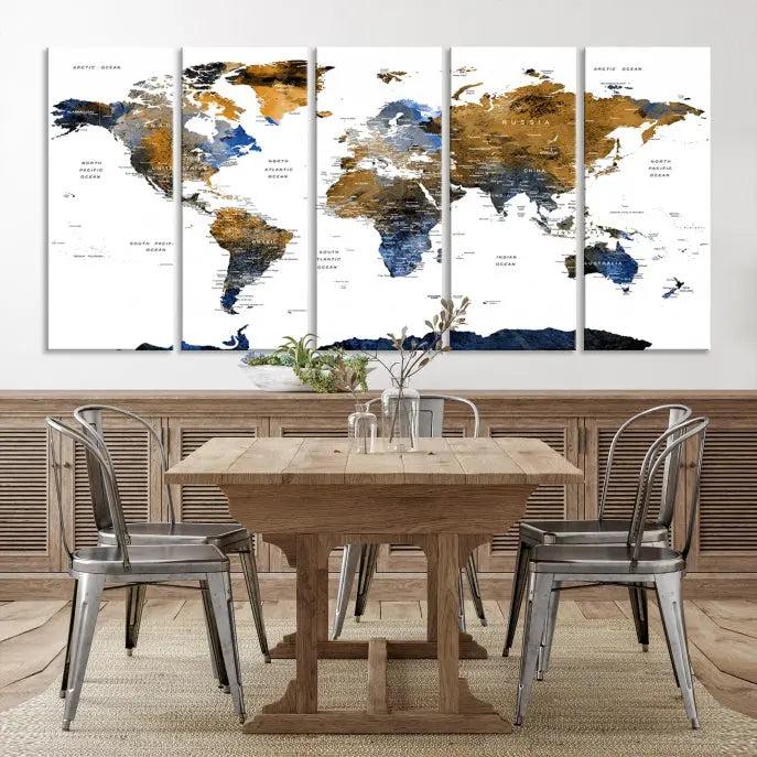 The elegant Push Pin Watercolor World Map with Antarctica, complete with a gallery wrap and UV-protective coating, gracefully hangs in the chic living room.