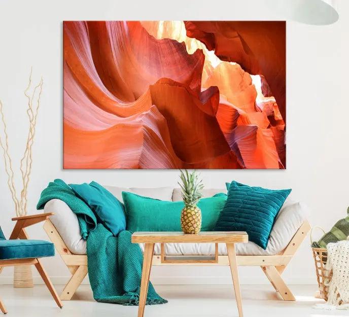 The Antelope Canyon Wall Art Canvas Print features vibrant canyon formations on museum-quality canvas, enhanced with a UV-protective coating.