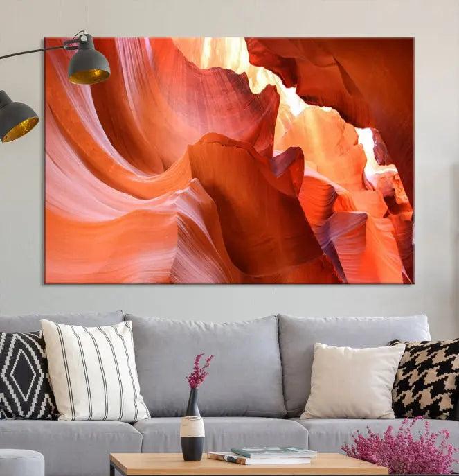 The Antelope Canyon Wall Art Canvas Print features vibrant canyon formations on museum-quality canvas, enhanced with a UV-protective coating.