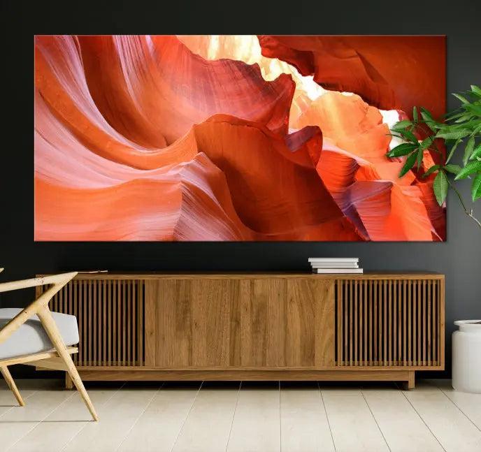 The Antelope Canyon Wall Art Canvas Print features vibrant canyon formations on museum-quality canvas, enhanced with a UV-protective coating.