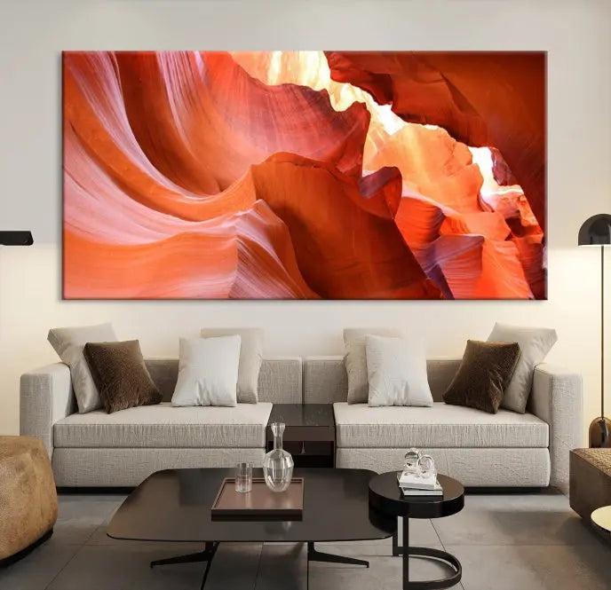 The Antelope Canyon Wall Art Canvas Print features vibrant canyon formations on museum-quality canvas, enhanced with a UV-protective coating.