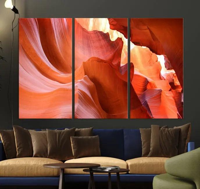 The Antelope Canyon Wall Art Canvas Print features vibrant canyon formations on museum-quality canvas, enhanced with a UV-protective coating.