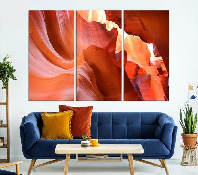 The Antelope Canyon Wall Art Canvas Print features vibrant canyon formations on museum-quality canvas, enhanced with a UV-protective coating.