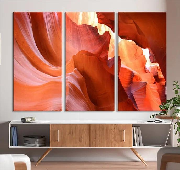 The Antelope Canyon Wall Art Canvas Print features vibrant canyon formations on museum-quality canvas, enhanced with a UV-protective coating.