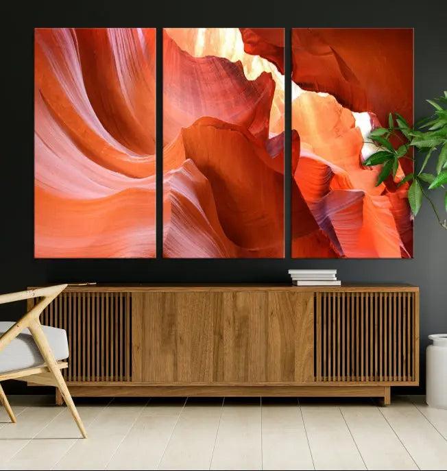 The Antelope Canyon Wall Art Canvas Print features vibrant canyon formations on museum-quality canvas, enhanced with a UV-protective coating.