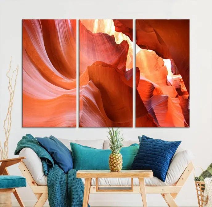 The Antelope Canyon Wall Art Canvas Print features vibrant canyon formations on museum-quality canvas, enhanced with a UV-protective coating.