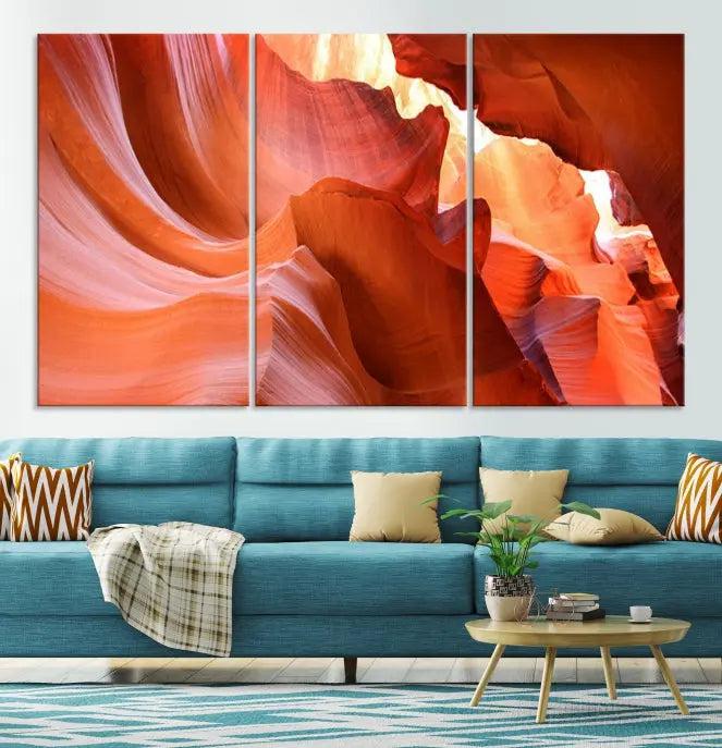 The Antelope Canyon Wall Art Canvas Print features vibrant canyon formations on museum-quality canvas, enhanced with a UV-protective coating.