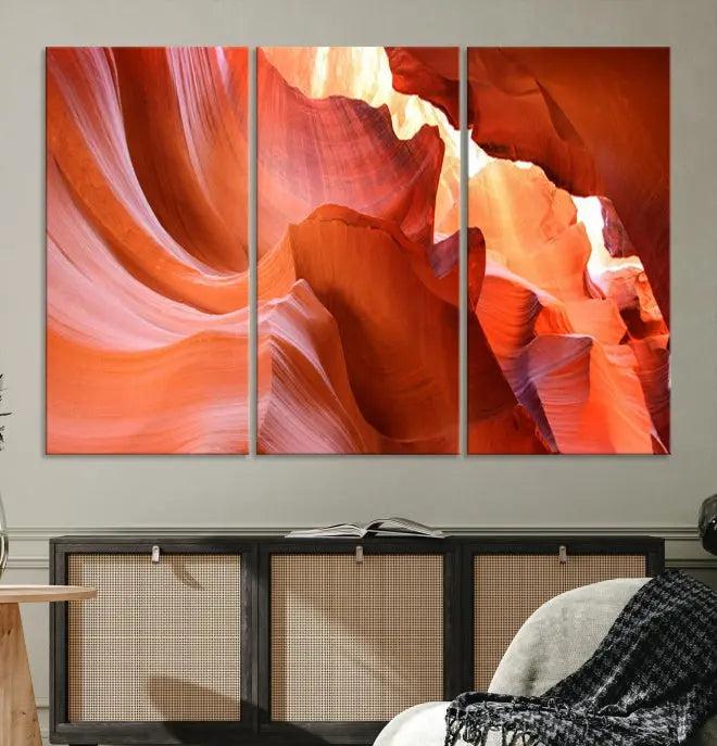 The Antelope Canyon Wall Art Canvas Print features vibrant canyon formations on museum-quality canvas, enhanced with a UV-protective coating.