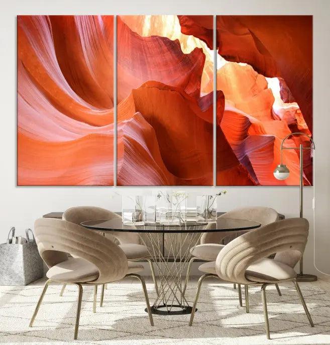 The Antelope Canyon Wall Art Canvas Print features vibrant canyon formations on museum-quality canvas, enhanced with a UV-protective coating.