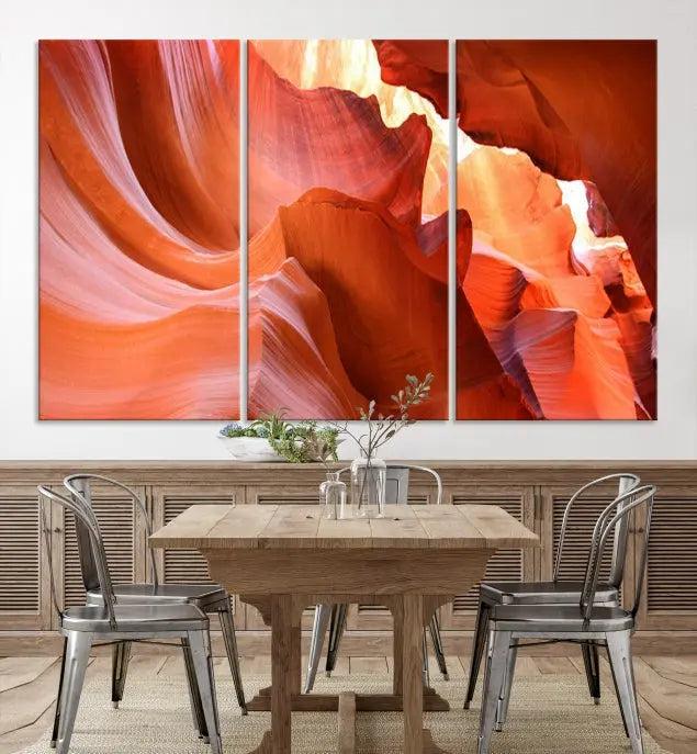 The Antelope Canyon Wall Art Canvas Print features vibrant canyon formations on museum-quality canvas, enhanced with a UV-protective coating.