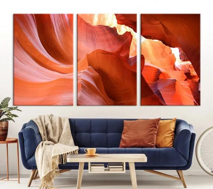 The Antelope Canyon Wall Art Canvas Print features vibrant canyon formations on museum-quality canvas, enhanced with a UV-protective coating.