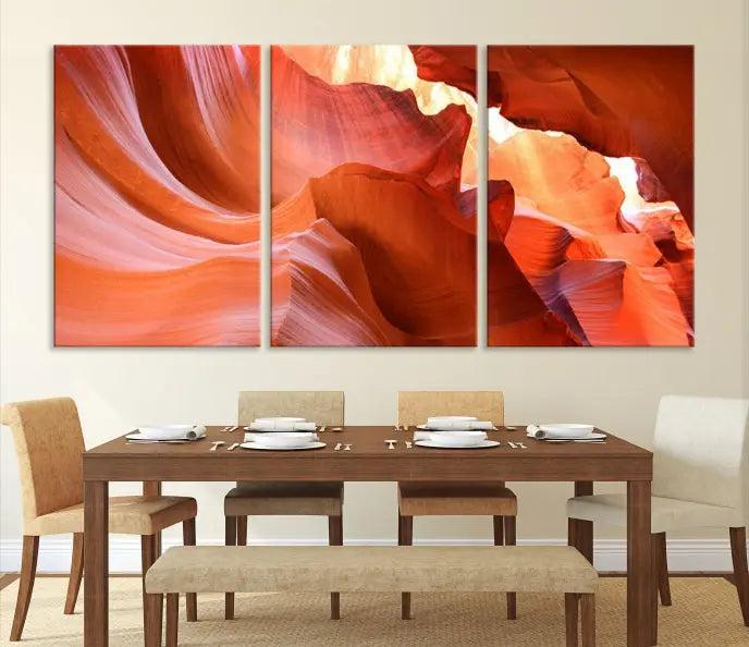 The Antelope Canyon Wall Art Canvas Print features vibrant canyon formations on museum-quality canvas, enhanced with a UV-protective coating.