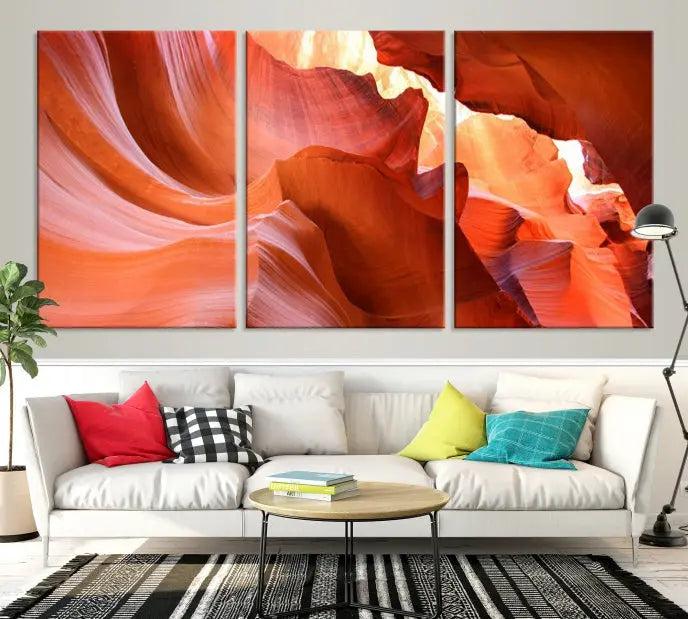 The Antelope Canyon Wall Art Canvas Print features vibrant canyon formations on museum-quality canvas, enhanced with a UV-protective coating.