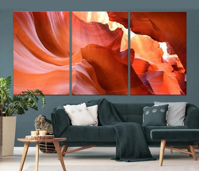 The Antelope Canyon Wall Art Canvas Print features vibrant canyon formations on museum-quality canvas, enhanced with a UV-protective coating.