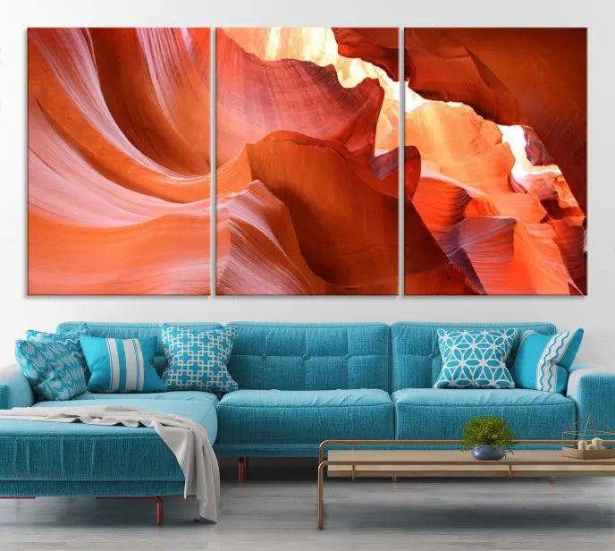 The Antelope Canyon Wall Art Canvas Print features vibrant canyon formations on museum-quality canvas, enhanced with a UV-protective coating.