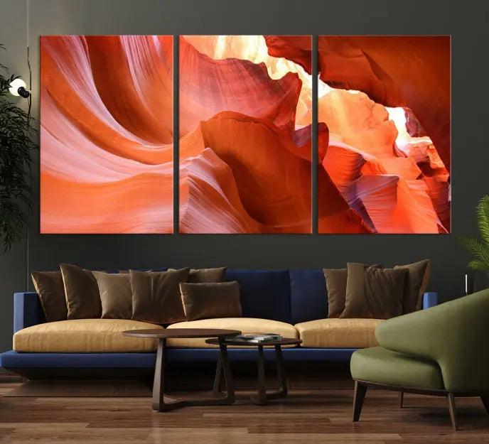 The Antelope Canyon Wall Art Canvas Print features vibrant canyon formations on museum-quality canvas, enhanced with a UV-protective coating.