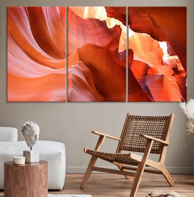 The Antelope Canyon Wall Art Canvas Print features vibrant canyon formations on museum-quality canvas, enhanced with a UV-protective coating.